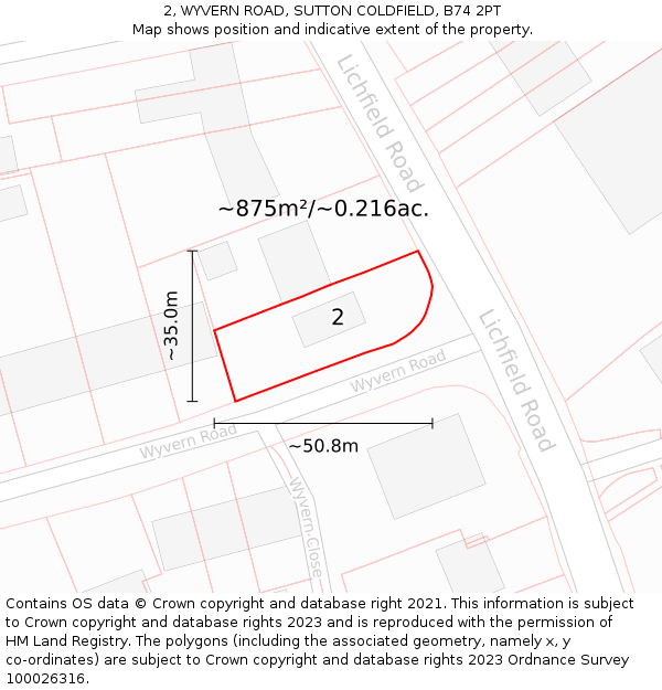 2, WYVERN ROAD, SUTTON COLDFIELD, B74 2PT: Plot and title map