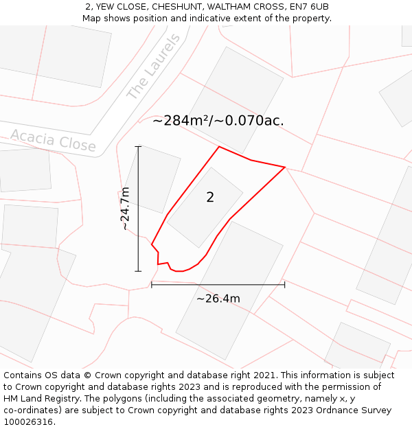 2, YEW CLOSE, CHESHUNT, WALTHAM CROSS, EN7 6UB: Plot and title map