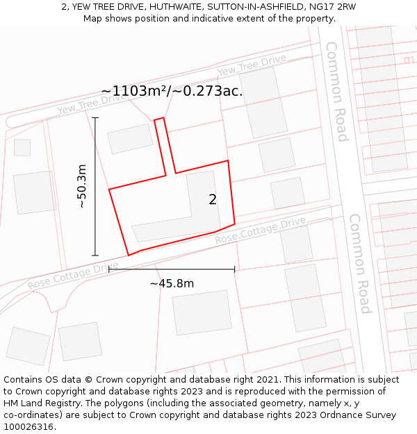 2, YEW TREE DRIVE, HUTHWAITE, SUTTON-IN-ASHFIELD, NG17 2RW: Plot and title map