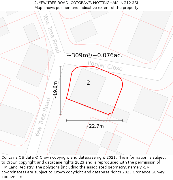2, YEW TREE ROAD, COTGRAVE, NOTTINGHAM, NG12 3SL: Plot and title map