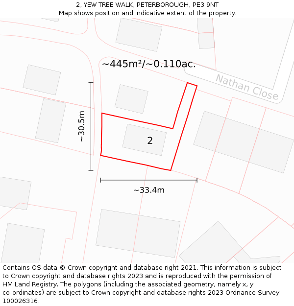 2, YEW TREE WALK, PETERBOROUGH, PE3 9NT: Plot and title map