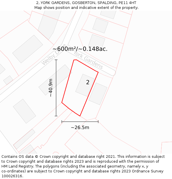 2, YORK GARDENS, GOSBERTON, SPALDING, PE11 4HT: Plot and title map