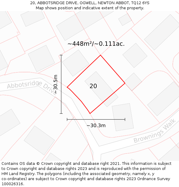 20, ABBOTSRIDGE DRIVE, OGWELL, NEWTON ABBOT, TQ12 6YS: Plot and title map