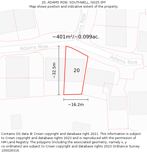 20, ADAMS ROW, SOUTHWELL, NG25 0FF: Plot and title map
