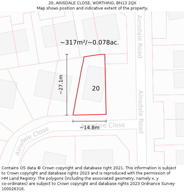 20, AINSDALE CLOSE, WORTHING, BN13 2QX: Plot and title map