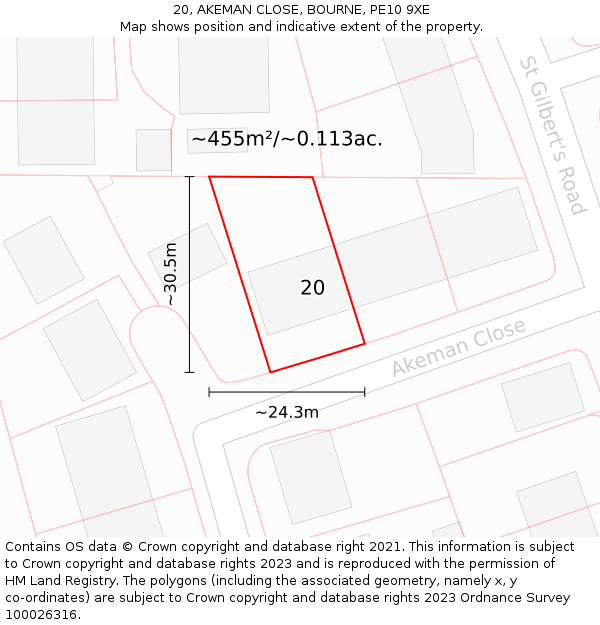 20, AKEMAN CLOSE, BOURNE, PE10 9XE: Plot and title map