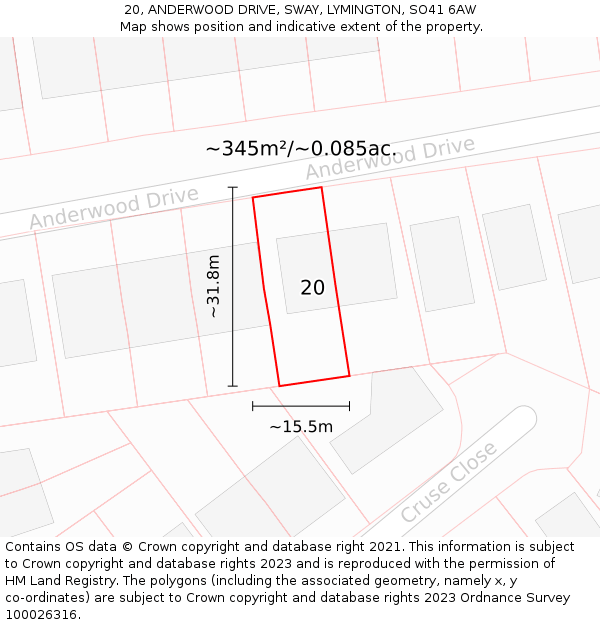 20, ANDERWOOD DRIVE, SWAY, LYMINGTON, SO41 6AW: Plot and title map