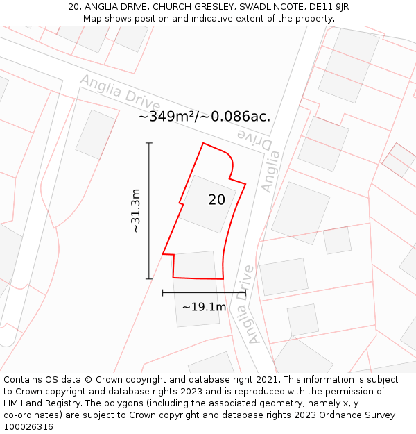 20, ANGLIA DRIVE, CHURCH GRESLEY, SWADLINCOTE, DE11 9JR: Plot and title map