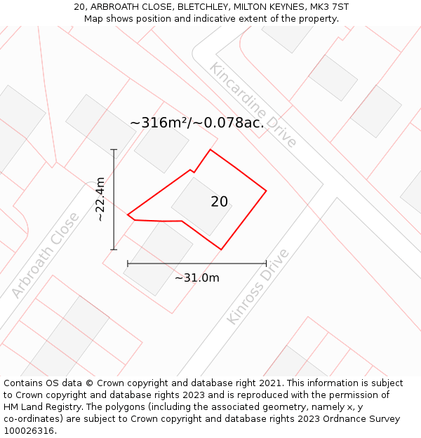 20, ARBROATH CLOSE, BLETCHLEY, MILTON KEYNES, MK3 7ST: Plot and title map