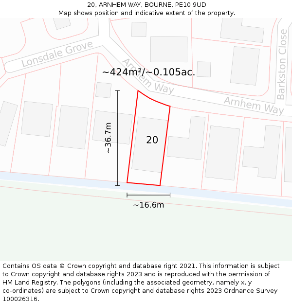 20, ARNHEM WAY, BOURNE, PE10 9UD: Plot and title map