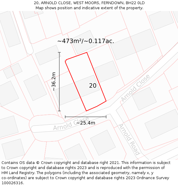20, ARNOLD CLOSE, WEST MOORS, FERNDOWN, BH22 0LD: Plot and title map