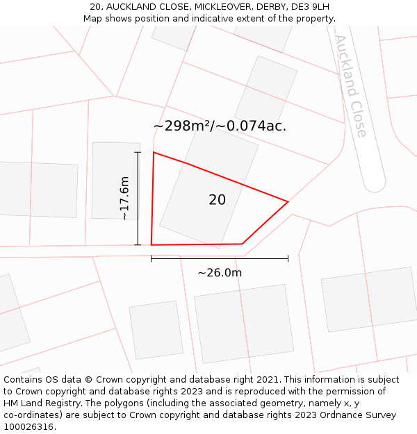 20, AUCKLAND CLOSE, MICKLEOVER, DERBY, DE3 9LH: Plot and title map