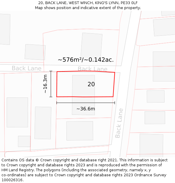 20, BACK LANE, WEST WINCH, KING'S LYNN, PE33 0LF: Plot and title map