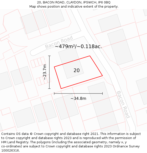 20, BACON ROAD, CLAYDON, IPSWICH, IP6 0BQ: Plot and title map