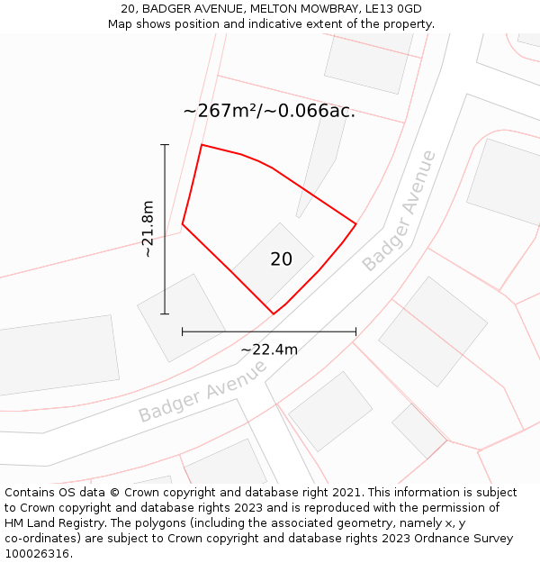 20, BADGER AVENUE, MELTON MOWBRAY, LE13 0GD: Plot and title map