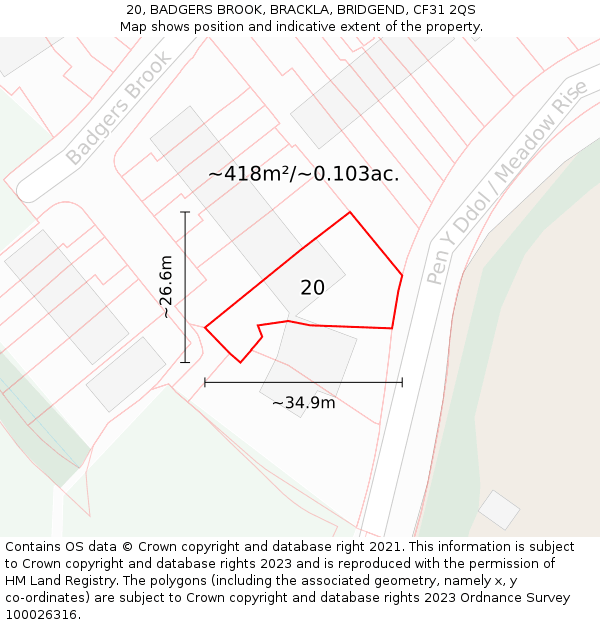 20, BADGERS BROOK, BRACKLA, BRIDGEND, CF31 2QS: Plot and title map