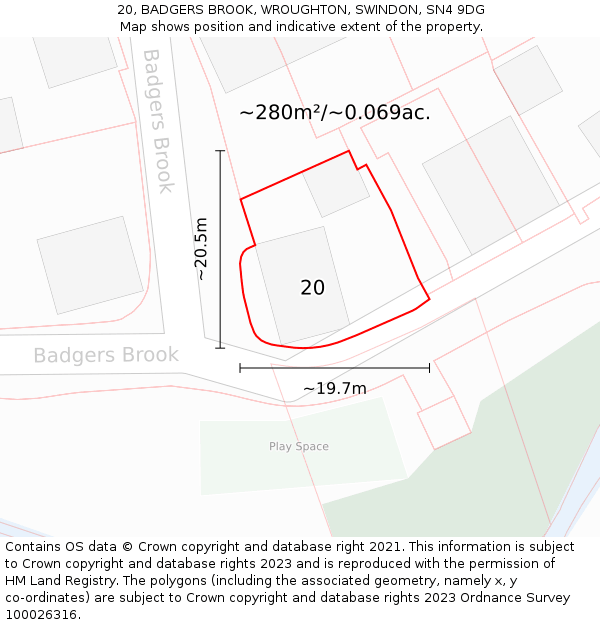 20, BADGERS BROOK, WROUGHTON, SWINDON, SN4 9DG: Plot and title map