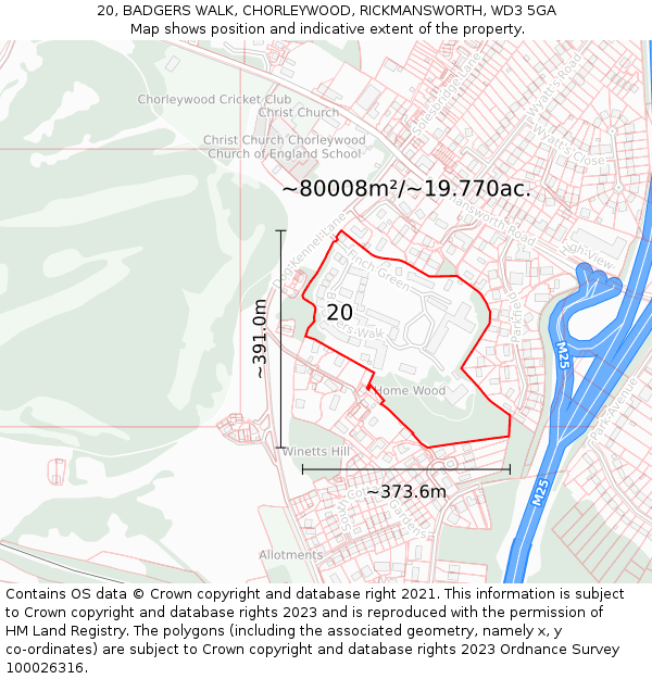 20, BADGERS WALK, CHORLEYWOOD, RICKMANSWORTH, WD3 5GA: Plot and title map