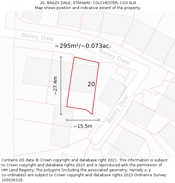 20, BAILEY DALE, STANWAY, COLCHESTER, CO3 0LB: Plot and title map