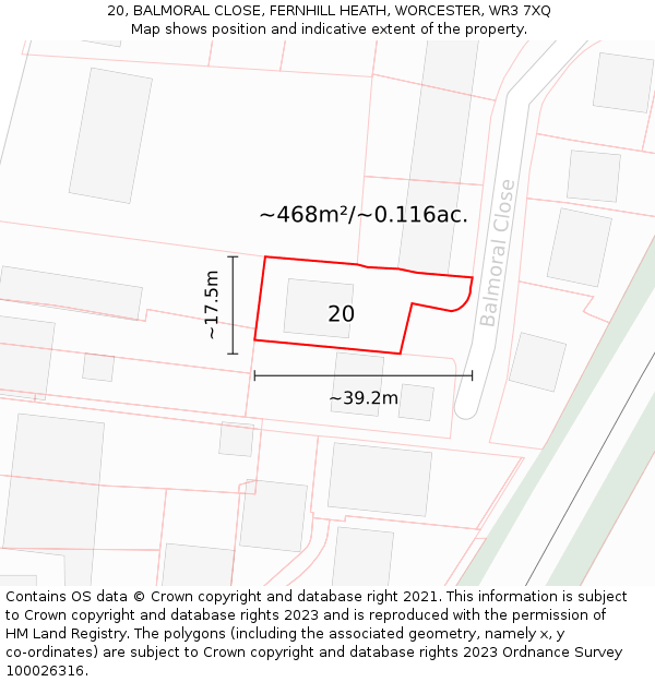20, BALMORAL CLOSE, FERNHILL HEATH, WORCESTER, WR3 7XQ: Plot and title map