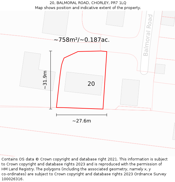 20, BALMORAL ROAD, CHORLEY, PR7 1LQ: Plot and title map