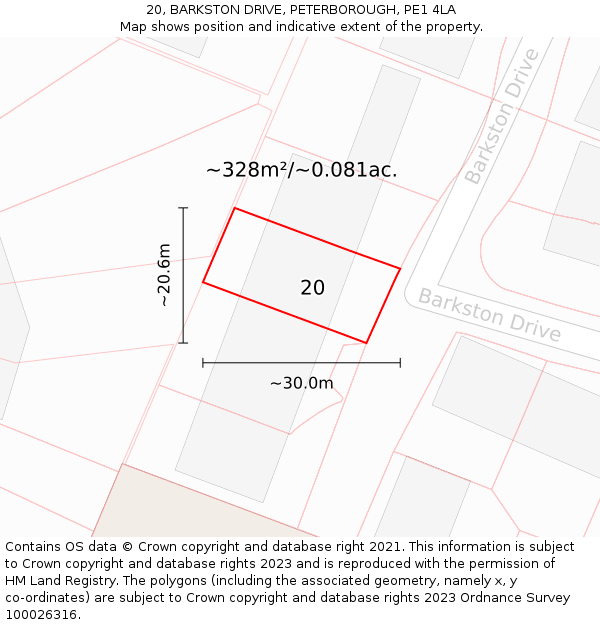 20, BARKSTON DRIVE, PETERBOROUGH, PE1 4LA: Plot and title map