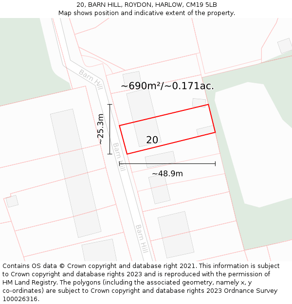 20, BARN HILL, ROYDON, HARLOW, CM19 5LB: Plot and title map