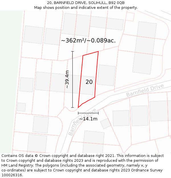 20, BARNFIELD DRIVE, SOLIHULL, B92 0QB: Plot and title map