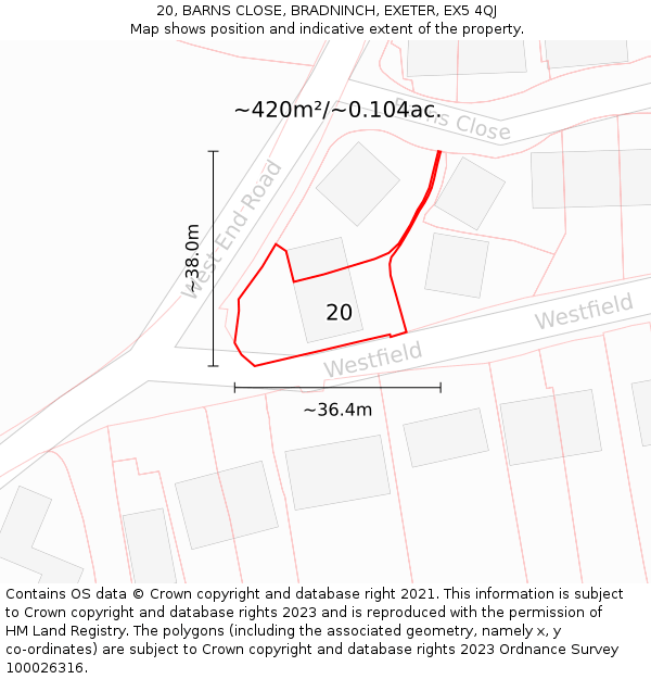 20, BARNS CLOSE, BRADNINCH, EXETER, EX5 4QJ: Plot and title map