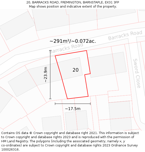 20, BARRACKS ROAD, FREMINGTON, BARNSTAPLE, EX31 3FP: Plot and title map