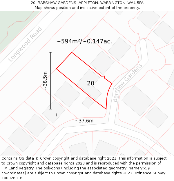 20, BARSHAW GARDENS, APPLETON, WARRINGTON, WA4 5FA: Plot and title map