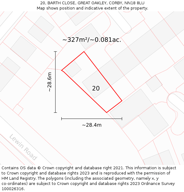 20, BARTH CLOSE, GREAT OAKLEY, CORBY, NN18 8LU: Plot and title map