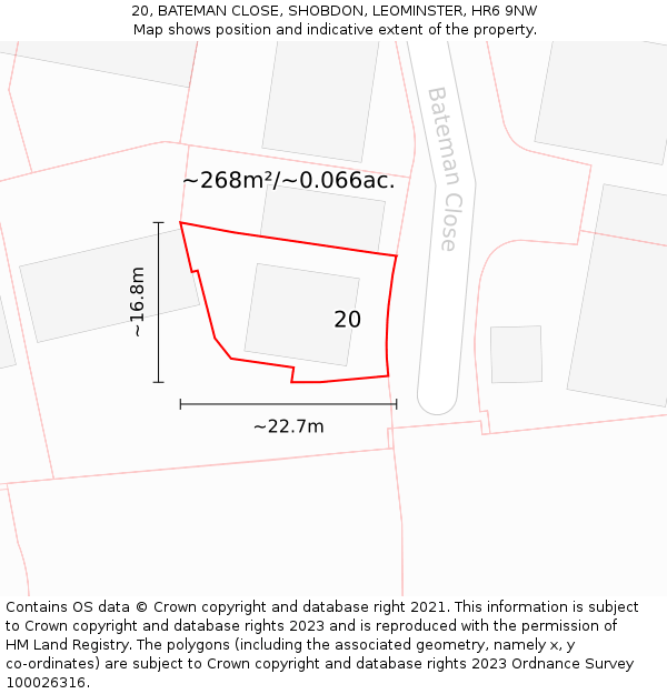 20, BATEMAN CLOSE, SHOBDON, LEOMINSTER, HR6 9NW: Plot and title map