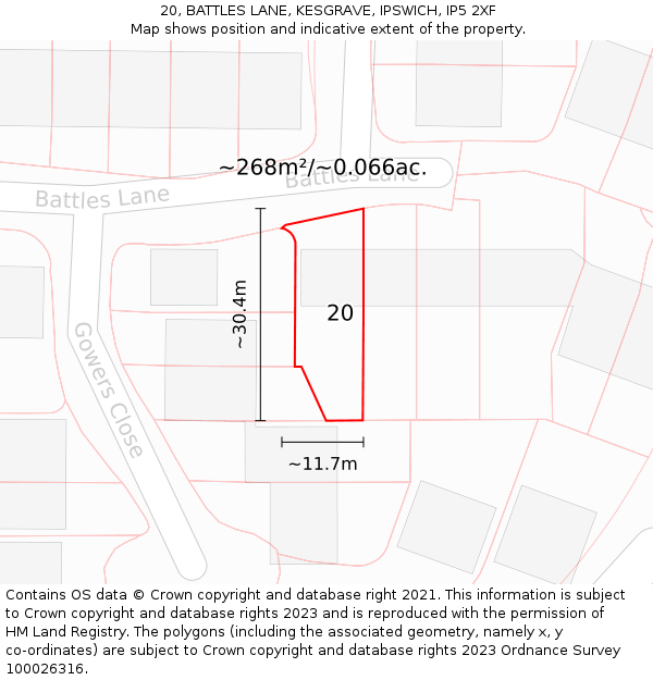 20, BATTLES LANE, KESGRAVE, IPSWICH, IP5 2XF: Plot and title map