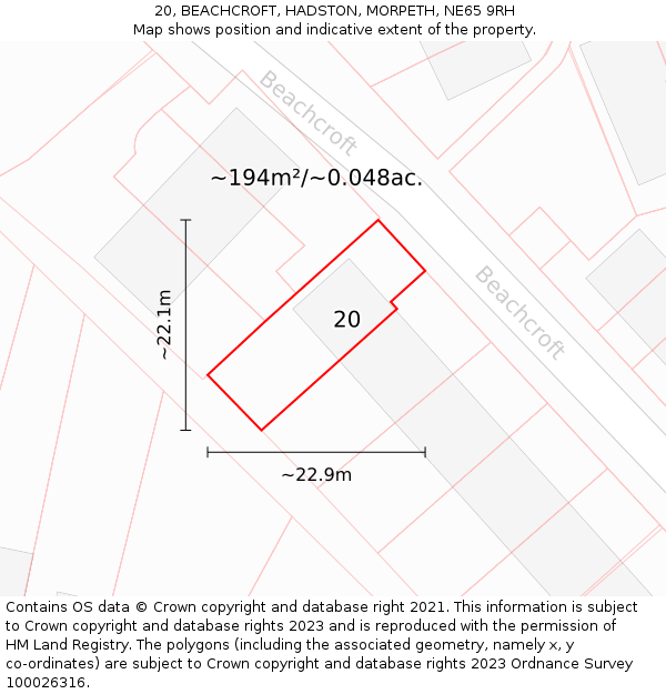 20, BEACHCROFT, HADSTON, MORPETH, NE65 9RH: Plot and title map