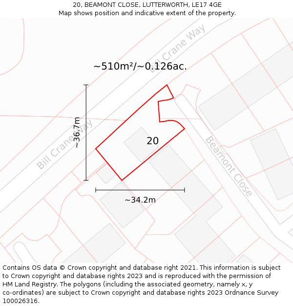 20, BEAMONT CLOSE, LUTTERWORTH, LE17 4GE: Plot and title map