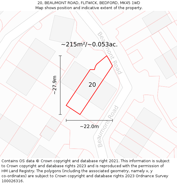 20, BEAUMONT ROAD, FLITWICK, BEDFORD, MK45 1WD: Plot and title map