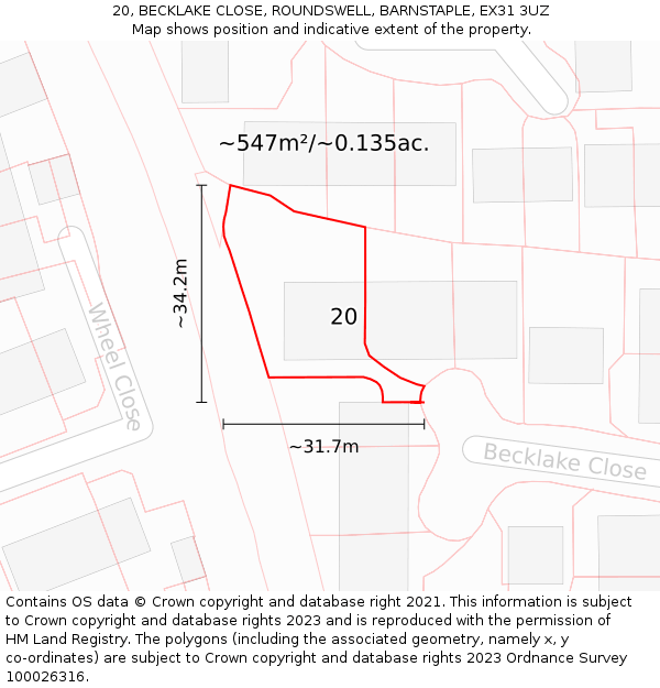 20, BECKLAKE CLOSE, ROUNDSWELL, BARNSTAPLE, EX31 3UZ: Plot and title map
