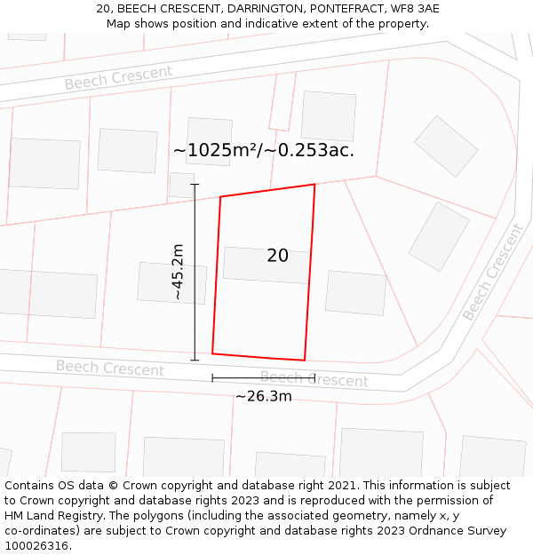 20, BEECH CRESCENT, DARRINGTON, PONTEFRACT, WF8 3AE: Plot and title map