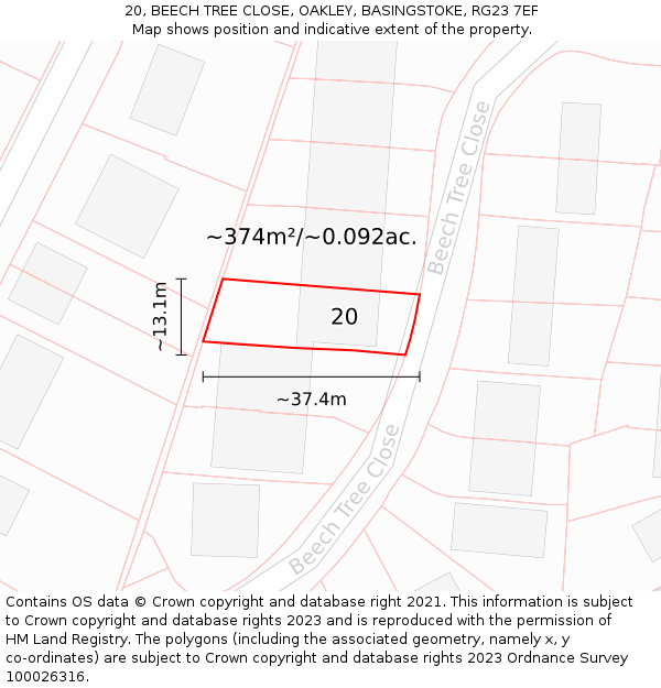20, BEECH TREE CLOSE, OAKLEY, BASINGSTOKE, RG23 7EF: Plot and title map