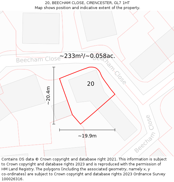 20, BEECHAM CLOSE, CIRENCESTER, GL7 1HT: Plot and title map