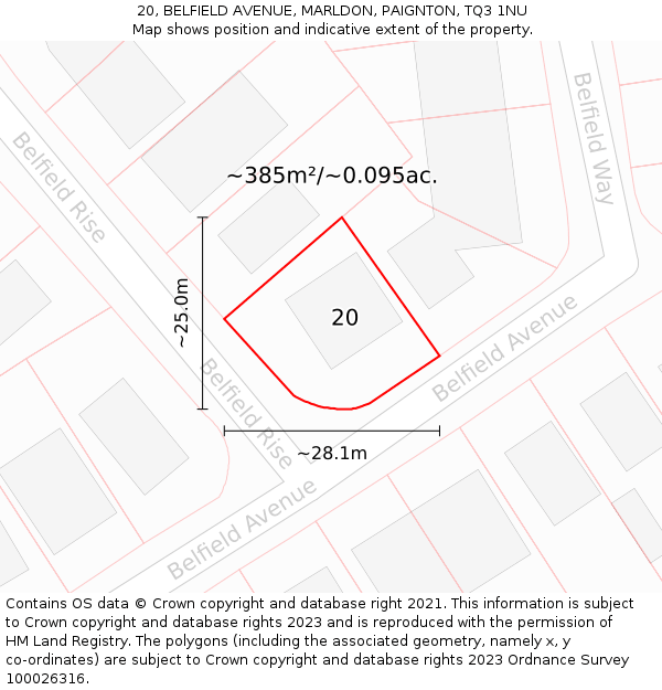 20, BELFIELD AVENUE, MARLDON, PAIGNTON, TQ3 1NU: Plot and title map