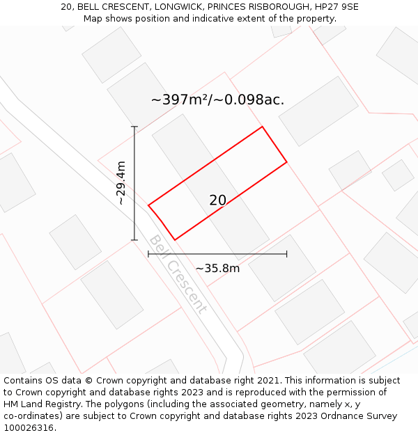 20, BELL CRESCENT, LONGWICK, PRINCES RISBOROUGH, HP27 9SE: Plot and title map