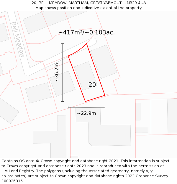20, BELL MEADOW, MARTHAM, GREAT YARMOUTH, NR29 4UA: Plot and title map