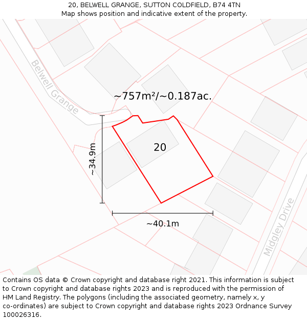 20, BELWELL GRANGE, SUTTON COLDFIELD, B74 4TN: Plot and title map