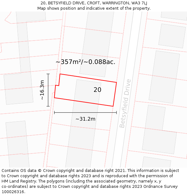 20, BETSYFIELD DRIVE, CROFT, WARRINGTON, WA3 7LJ: Plot and title map