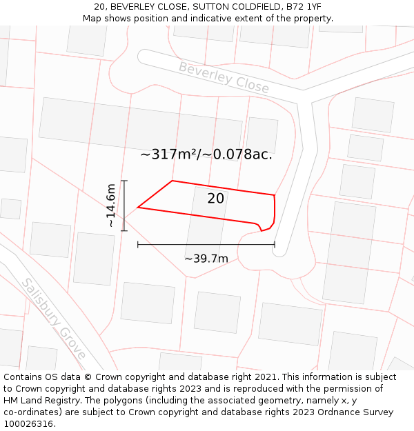 20, BEVERLEY CLOSE, SUTTON COLDFIELD, B72 1YF: Plot and title map