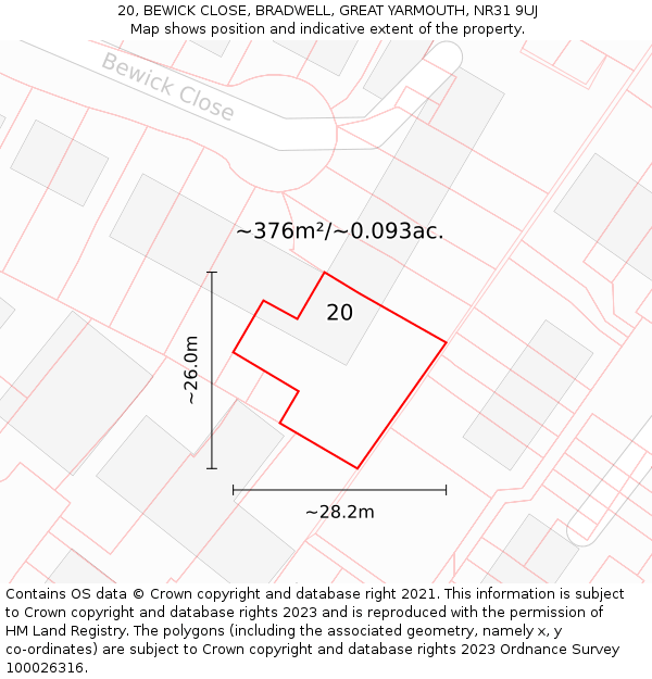 20, BEWICK CLOSE, BRADWELL, GREAT YARMOUTH, NR31 9UJ: Plot and title map