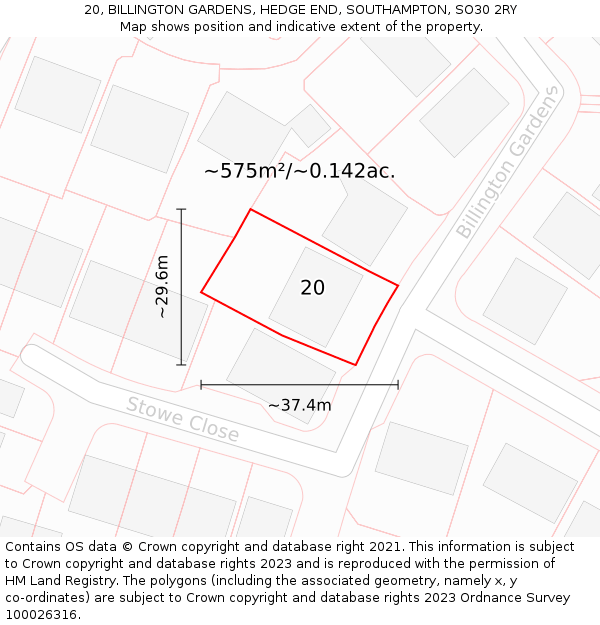 20, BILLINGTON GARDENS, HEDGE END, SOUTHAMPTON, SO30 2RY: Plot and title map