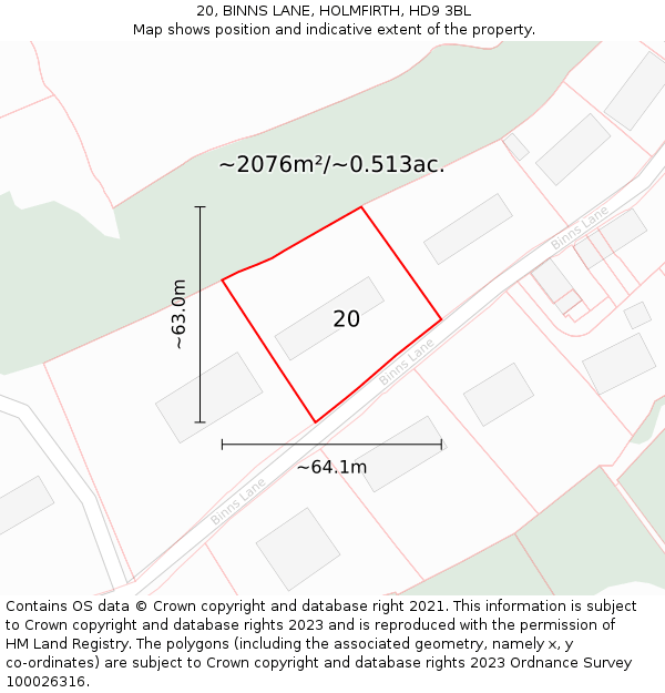 20, BINNS LANE, HOLMFIRTH, HD9 3BL: Plot and title map
